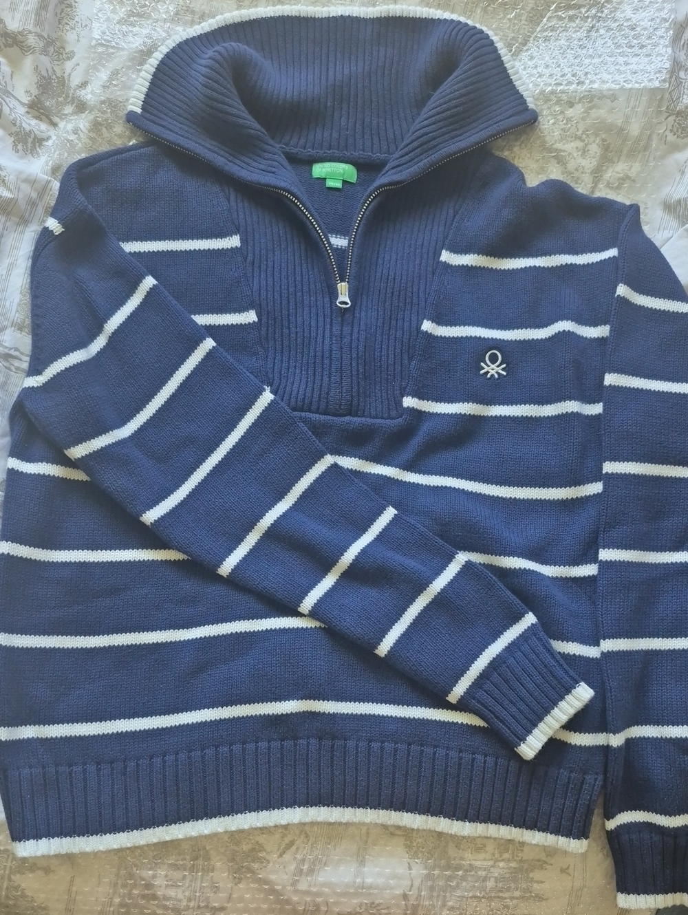 United Colors of Benetton Navy and White Striped Half-Zip Sweater